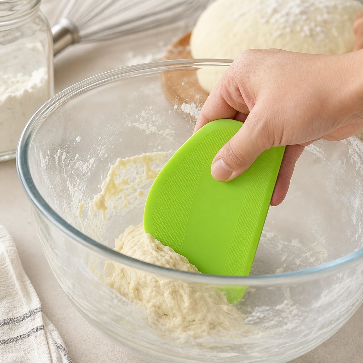 A green silicone scraper used in a mixing bowl