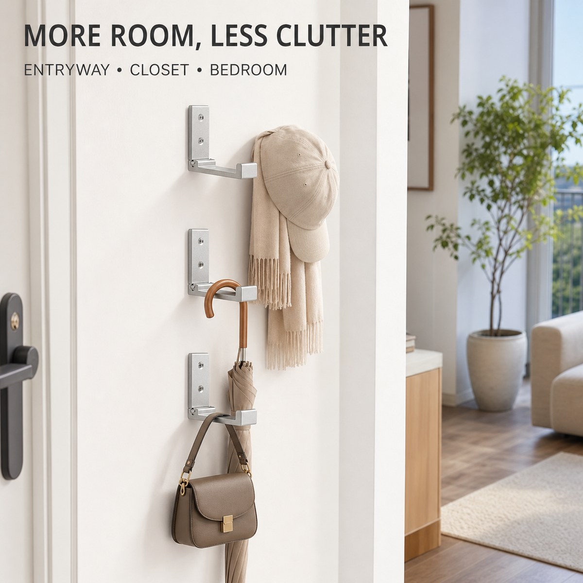 Folding wall hooks holding accessories by the entryway