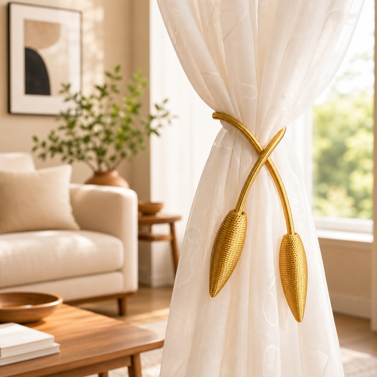 Leaf curtain tieback in a sunlit living room
